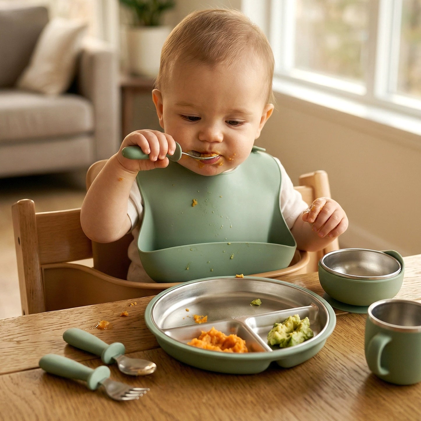 HS-014 304 Stainless Steel Baby Feeding Utensil Set of 10 Pieces