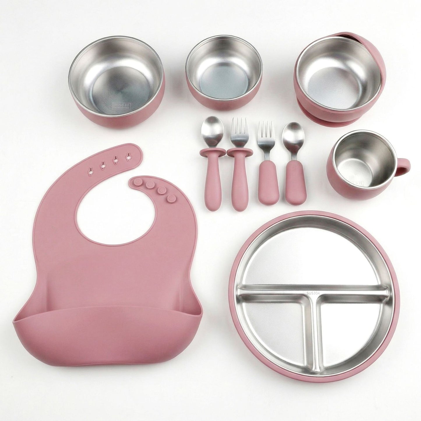 HS-014 304 Stainless Steel Baby Feeding Utensil Set of 10 Pieces