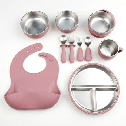 HS-014 304 Stainless Steel Baby Feeding Utensil Set of 10 Pieces