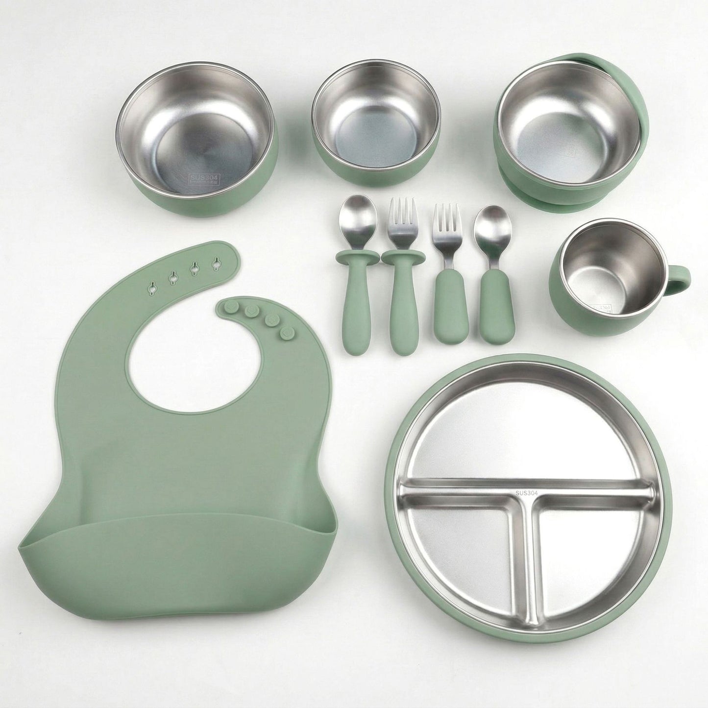 HS-014 304 Stainless Steel Baby Feeding Utensil Set of 10 Pieces